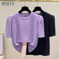 REHIN เสื้อยืดแขนสั้นผู้หญิง,เสื้อทรงหลวมและสไตล์เกาหลีแบบใหม่กระชับสัดส่วนสไตล์เรียบง่าย