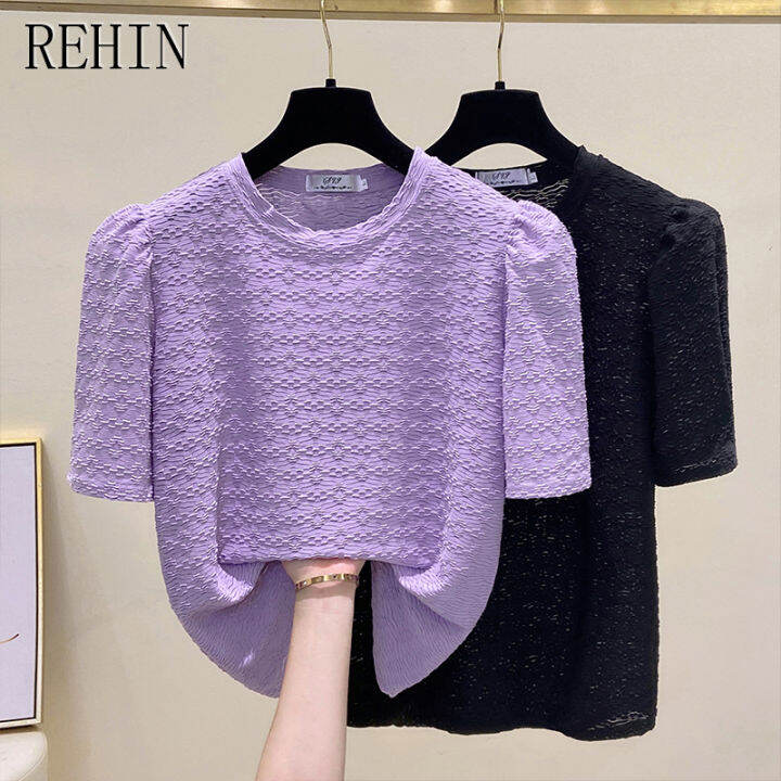 rehin-เสื้อยืดแขนสั้นผู้หญิง-เสื้อทรงหลวมและสไตล์เกาหลีแบบใหม่กระชับสัดส่วนสไตล์เรียบง่าย