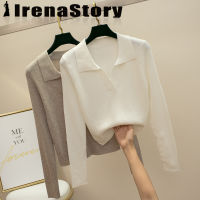 IRENASTORY เสื้อโปโลถักสำหรับผู้หญิงเสื้อเบลาส์เสื้อกันหนาวสีทึบบางเฉียบสไตล์แขนยาวเก๋ไก๋แบบเกาหลี