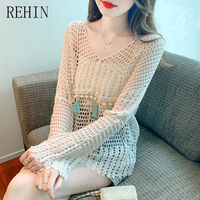 REHIN เสื้อผู้หญิง2023เวอร์ชั่นเกาหลีใหม่ฤดูใบไม้ร่วงแขนยาวคอวีหวานหลวม