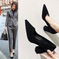 △✔❄ 2023 Spring and Autumn New Korean Style Pointed Toe Shallow Mouth Suede Single Shoes Thick Heels High Heels Medium Heels Versatile Work Shoes for Women