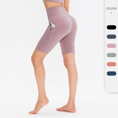 Running Yoga 5 Point Shorts with Double Pockets Fitness Cycling Tight Shorts High Waisted Elastic Quick Drying Shorts for Women