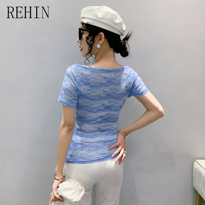 rehin-เสื้อยืดผู้หญิงแขนสั้นลายตาข่ายพิมพ์ลายหมึกสีฟ้าไม่เหมือนใครแฟชั่นใหม่ฤดูร้อน