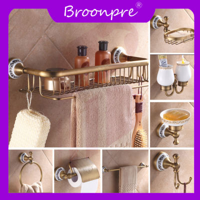 Antique Brushed Brass &amp; Porcelain Bathroom Hardware Towel Shelf Towel Bar Paper Holder Cloth Hook Bathroom Accessories wub