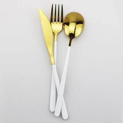 3Pc/Set Korean Shiny Luxury White-Gold Portable Travel Cutlery Dinnerware Set 18/10 Stainless Steel Knife Fork Spoon Dinner Set Flatware Sets