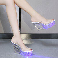 Wedge Heel ผู้หญิงรองเท้าแตะโปร่งใส PVC รองเท้าแตะคริสตัลส้นสูงเซ็กซี่ปั๊มฤดูร้อนรองเท้า Peep Toe ผู้หญิงปั๊มขนาด43