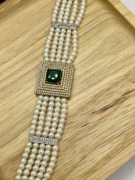 สร้อยข้อมือมุกนิลและสวารอฟสกี้ Swarovski zirconia and green onyx square bracelet with culture pearls. Elegant bracelet. Center square is 1" * 1".