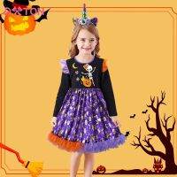 DXTON Kids Halloween Dress for Girls Pumpkin Print Tulle Princess Dresses Flying Sleeve Toddler Baby Party Cosplay Clothes 3-12Y