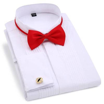 HOT11★Men Wedding Tuxedo Long Sleeve Dress Shirts French Cufflinks Swallowtail Fold Dark on Design Gentleman Shirt White Red Black