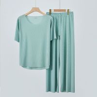 【Ready】? Couple style ice silk short-sleeved T-shirt mens two-piece thin round neck top pajamas womens loose casual wide-leg pants