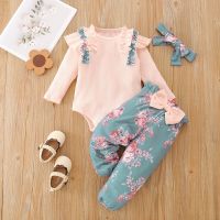 [COD] Baby girl clothes autumn new baby sweet long-sleeved lace jumpsuit printed headband trousers suit