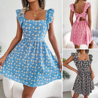 Casual Holiday Mini Dress Square Collar Ruffle Shoulder Straps High Waist Summer Dress Women Floral Print