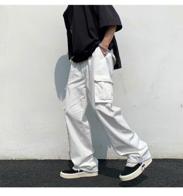 กางเกงขากว้างสำหรับผู้ชายชุดเอี๊ยมสีขาวทึบสีทึบขนาดพิเศษกางเกงขากว้างกางเกงลำลองหลวมถุงขนส่งสินค้า