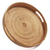 Round Rattan Serving Tray Decorative Woven Ottoman Trays with Handles for Coffee Table Natural