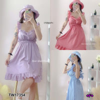 B17354 เดรสไหล่ระบาย ผูกโบว์หลัง + หมวกบัคเก็ต Ruffled shoulder dress with bow at the back + bucket hat