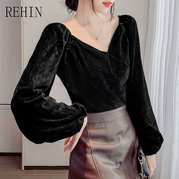 rehin-เสื้อแขนยาวคอวีแฟชั่นใหม่สำหรับผู้หญิง-เสื้อครอสโอเวอร์ทรงสั้นเข้ารูปดีไซน์หรูหราฤดูร้อน