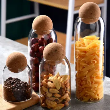 Clear Glass Bottle Kitchen Storage Jar with Cork Ball Airtight Lid