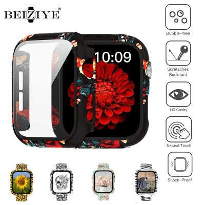 Case Glass Screen Protective for Apple Watch 41mm 45mm 42mm 38mm 40mm 44mm Printed Pattern Shell for IWatch Series 8 7 6 SE 5 4