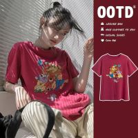 Dahong ?เสื้อยืดแขนสั้นลําลอง แขนสั้น oversize พิมพ์ลายการ์ตูน สไตล์เกาหลีวินเทจ  น่ารัก  2419