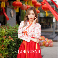 [Boraunnii AA04]  แจ้งสีกระโปรงก่อนสั่งซื้อ ชุดฮันบกประยุกต์ ลายKoi เสื้อแบบผูกพิมพ์ลาย