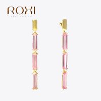 ROXI หูเพชรทรงสี่เหลี่ยมสีชมพู925เพทายสามช่องจับคู่หูเพื่อสุขภาพของผู้หญิง