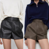 Za 2021 Fashion Womens Shorts Vintage PU Leather Shorts High Waist Undefined Drapped Trousers Female Office Wear Shorts