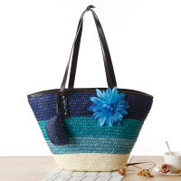 Fashion New Womens Straw Handwoven Shoulder Handbag Female 2 Pcs Set Striped Print Tote Messenger Bags Large Capacity Beach Bag