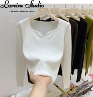 LAREINE เสื้อสเวตเตอร์ผู้หญิง,เสื้อสวมหัวคอยาวแขนเสื้อสี่เหลี่ยม Atasan Bahan Rajut สไตล์ลำลองเกาหลี