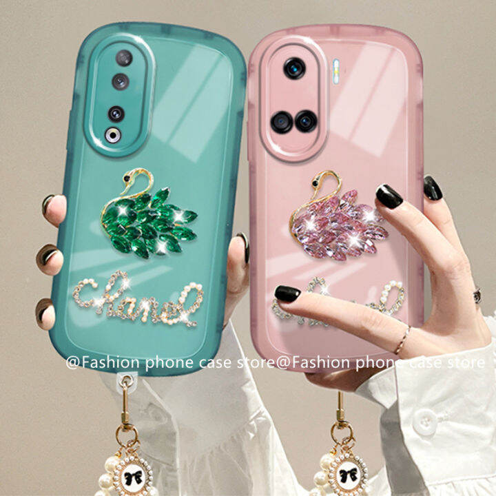 phone-case-เคส-honor90-honor-90-lite-5g-หรูหราหรูหราพลอยเทียมหงส์สายคล้องไข่มุกปกป้องเลนส์2023สีทึบซองนุ่มใส