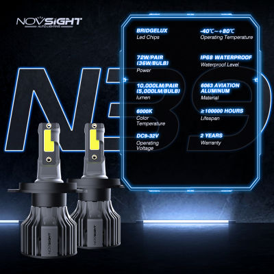 NOVSIGHT DC9-32V หลอดไฟ LED ไฟหน้ารถคู่10,000LM/คู่ไฟหน้ารถ6000K IP68กันน้ำ