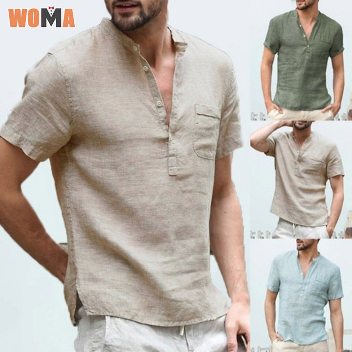 woma-เสื้อยืดผู้ชายแขนสั้นผ้าฝ้ายและผ้าลินิน-เสื้อยืดผู้ชายแขนสั้นเรียบง่าย