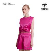 YOUTH TONIC - Cropped Satin Top with Bow Belt in Pink / เสื้อ แขนกุด  แต่ง เข็มขัด โบว์ใหญ่ สีชมพู บานเย็น