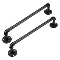 2X Vintage Industrial Pipe Towel Holder Wall Mounted Metal Towel Rack Bar Bathroom Hanging Hanger Accessories Black