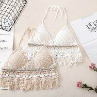 Seaside Backless Camisole Tops Women Holiday Style Bead Tassel Halter Camis Women Padded Crop Tops with Chest Pad dis0