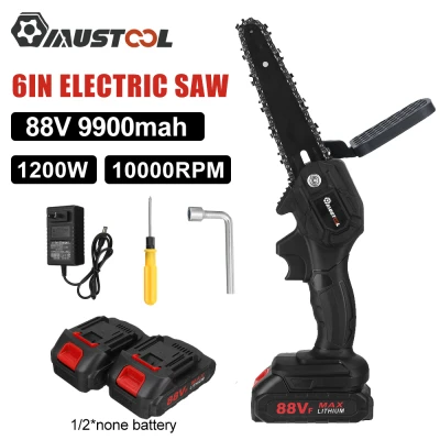 Mustool 6นิ้ว88V 1200W เลื่อยไฟฟ้า Baffle 2/1/0x แบตเตอรี่ One-Hand เลื่อยไฟฟ้า Pruning ลูกโซ่ไร้สายเครื่องมือตัดไม้