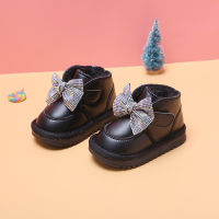 12-15.5CM Children Snow Boots With Thicker Plush Kids Girls Warm Winter Shoes Bling Rhinestone Bow Knot Solid Pure Toddler Boots