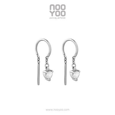 NooYoo ต่างหูสำหรับผิวแพ้ง่าย Half Hoop Ring with Dangling Heart Crystal Surgical Steel