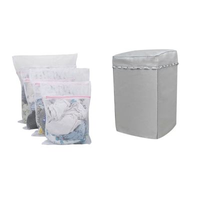 4 Pcs Durable Coarse Mesh Laundry Bag with Zip Closure for Clothes, Delicates &amp; 1 Pcs Portable Washing Machine Cover