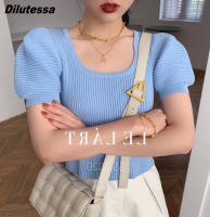 Dilutessa เสื้อเบลาส์แขนสั้นยืดได้สำหรับผู้หญิง Atasan Bahan Rajut คอเหลี่ยมสำหรับผู้หญิงสไตล์ลำลองเกาหลี