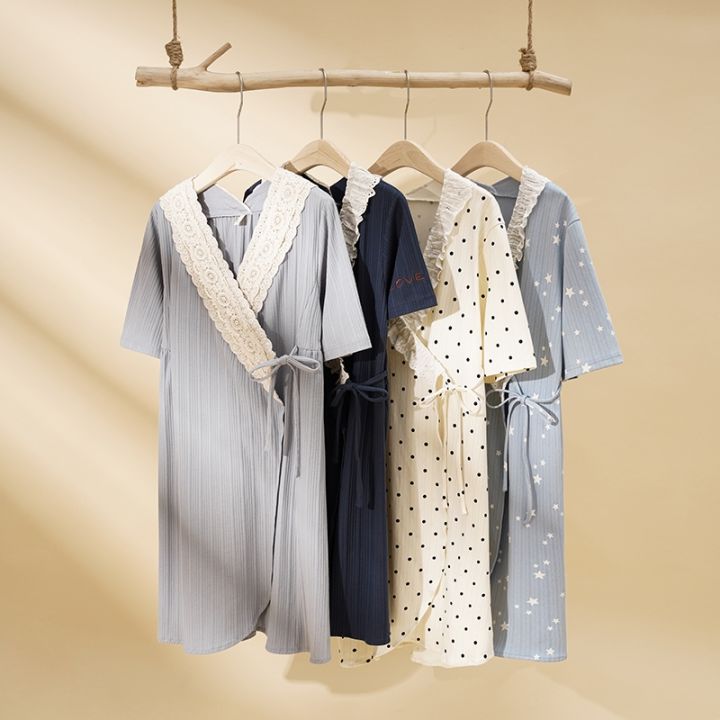 xiaoli-clothing-ผู้หญิงฤดูxiaoli-clothingผ้าฝ้ายเสื้อคลุมหลาใหญ่-m-xxxl-ลายจุดเสื้อคลุมอาบน้ำแขนสั้น-morning-house-เสื้อขนาดกลางยาว-nightgown-สปา-kimono