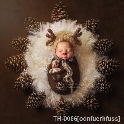 ✕✌™ MOMLUVBB Bebê Recém-nascido Fotografia Props Knit Crochet Natal Elk Boneca Hat Bonnet 2PCS Estúdio Tiro Foto