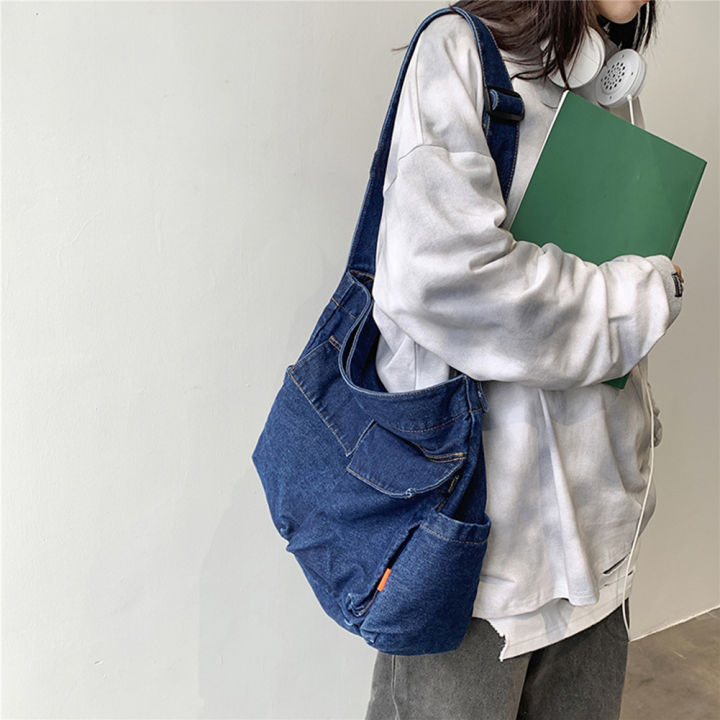 กางเกงยีนส์ฮาราจูกุกระเป๋าไหล่ย้อนยุคญี่ปุ่นกระเป๋าถือบรรจุปรืมาณมากส่งเอกสาร