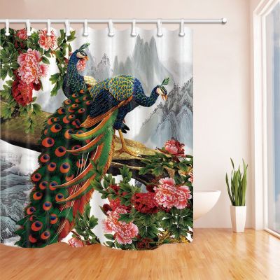 Birds Decor Elegant Peacock in Peony Flower Shower Curtains Mildew Resistant Polyester Fabric Bathroom Decorations Bath Curtains