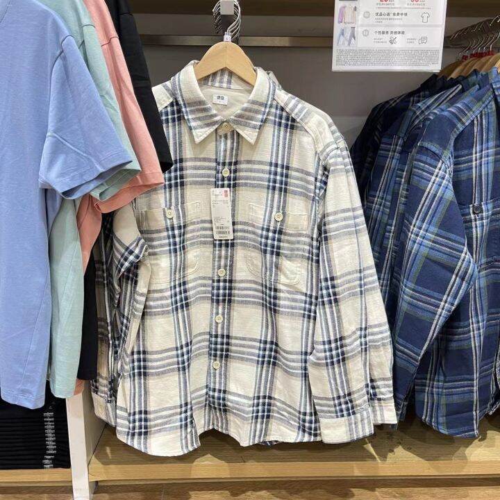 uniqlo-เสื้อเชิ้ตลำลองหญิงชายและหญิง-เสื้อเชิ้ตลายสก๊อตเดียวกันแขนยาวทรงหลวมใส่เสื้อแจ็กเก็ตบางพอดีตัว453053-450263ฤดูใบไม้ร่วง