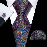 Fashion Blue Paisley Men Silk Necktie Brooches Men Tie Handkerchief Cufflinks Sets Men Gift Barry.Wang Designer