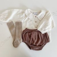 Spring Baby Clothes Autumn Long Sleeve Blouse Top Organic Cotton Shorts Set Lapel Solid Color Vintage Bloomer Baby Gift Suit