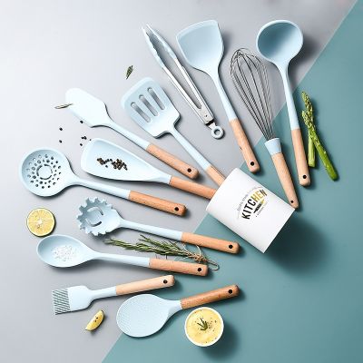 Silicone Cooking Non Stick Utensils Heat Resistant Wooden Handle Spatula Spoon Egg Beaters Kitchenware Kitchen Accessories Stuff