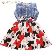 3-7Y Girl Dress New Childrens Clothing Summer New Cotton Beach Minnie Cowboy Stitching Cartoon Pattern Girl Dress Kids Clothes