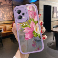 เคสโทรศัพท์สำหรับ Redmi Note 12 5G Xiaomi Poco X5 5G บางเฉียบผิวรู้สึกลายการ์ตูนดอกไม้สีชมพูสีขาวดอกทิวลิปหลังหนังเคสซิลิโคน PU ปกหนังโทรศัพท์