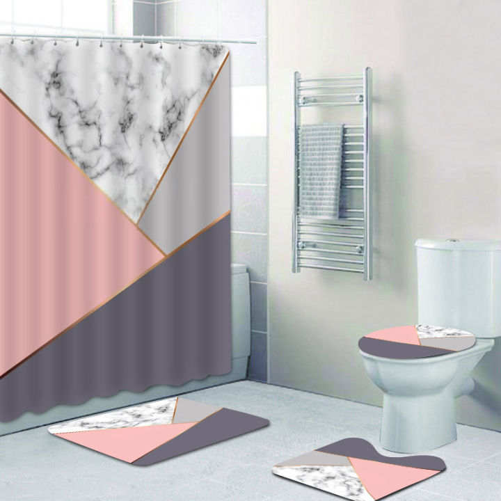 4pcs-rose-gold-pink-and-gray-marble-shower-curtain-set-for-bathroom-curtains-geometric-hexagon-bath-mats-rugs-toilet-home-decor